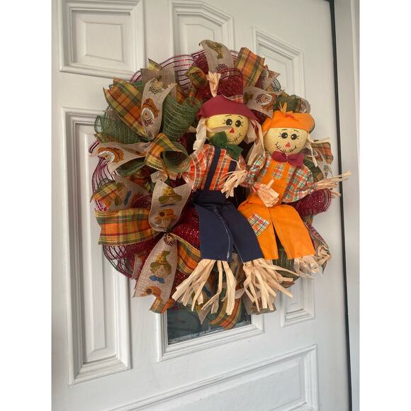 Fall Scarecrow Wreath – Harvest Couple Door Decor – Handmade Autumn Wreath - Picture 9 of 10